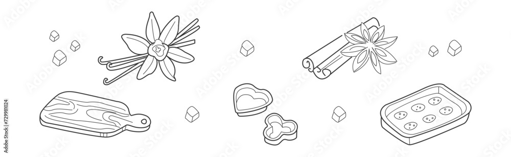 Poster baking kitchen object and item doodle line vector set