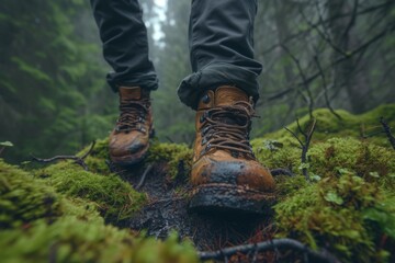 Man legs in hiking boots trudges through forest