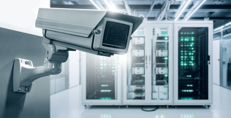 Surveillance camera in server room. CCTV equipment in data center. Security system for data center