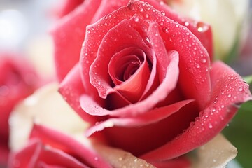 macro shot of blooming crimson roses with water droplets