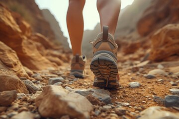 Legs in hiking sandals on desert landscape - obrazy, fototapety, plakaty