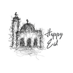 happy eid written with mosque crocky drawing using pencil black and white
