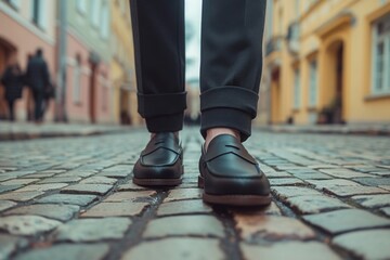 Male legs in classic leather loafers walking in the city