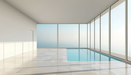Fototapeta premium Spacious room with a swimming pool and panoramic windows. generative AI