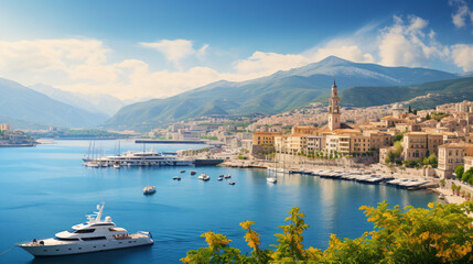 Panoramic spring cityscape of Bastia port.