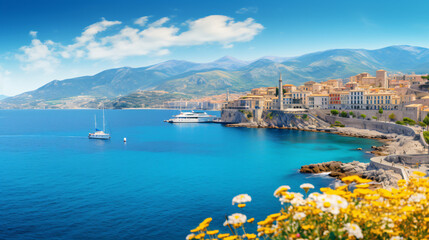 Panoramic spring cityscape of Bastia port.
