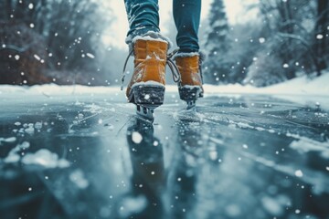 Legs in ice skates glides gracefully over a frozen lake