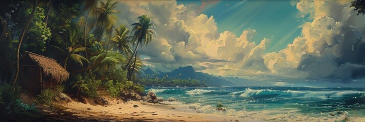 South Seas Scene as a Vintage Tiki Canvas Painting Background created with Generative AI Technology - obrazy, fototapety, plakaty