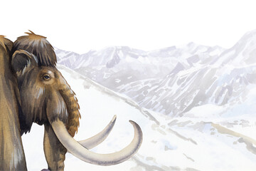 Watercolor mammoth walking in a snowy mountain landscape - 729981895