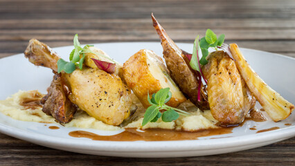 Close up of roast chicken with potatoes, parsnips and gravy on white plate in restaurant