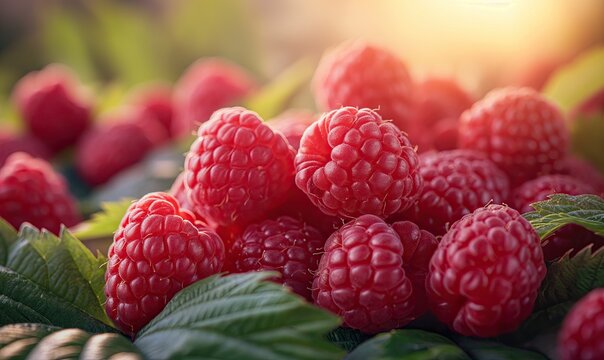 Ripe raspberries close-up on a blurred background.