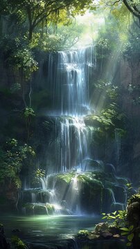 Hidden waterfall tucked away in a secluded forest, background image, generative AI