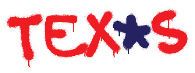 Spray graffiti red tag TEXAS and blue star over white.