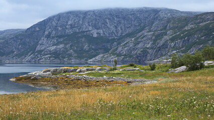 Fototapeta na wymiar Landscape at the Aselistraumen bridge in Nordland county, Norway, Europe 