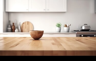Fototapeta na wymiar Wooden kitchen tabletop closeup mockup