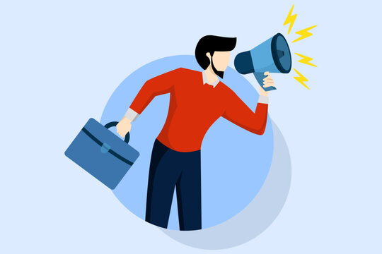 Social media promotion scene concept. Characters use large speakers to communicate with the audience. Business promotion, advertising, horn calling, online warning. Offer sales and discounts.