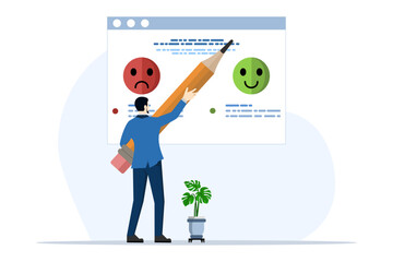 Feedback and review concept. Fill out the character survey form and provide a positive or negative opinion. identify customer satisfaction and complaints. Customer service and user experience concept.