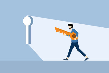Concept of key to success, secret of open door to develop business, career path opportunity or goal achievement, confident businessman holding golden key and running to keyhole to achieve target. - obrazy, fototapety, plakaty