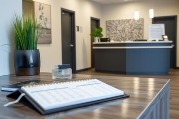 reception desk with modern decor and appointment book