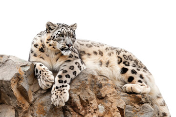 Snow Leopard resting on a Rocky Cliff Isolated on Transparent Background