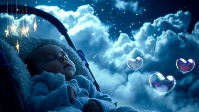 Lullaby For Babies video animation background looping. Cute baby sleep at night on cloud with stars, for live wallpaper