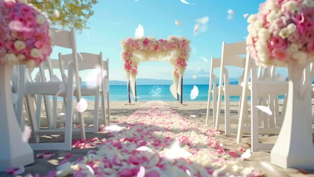 weeding decoration for ceremony couple with pink romantic flower near beach video background template looping 4k