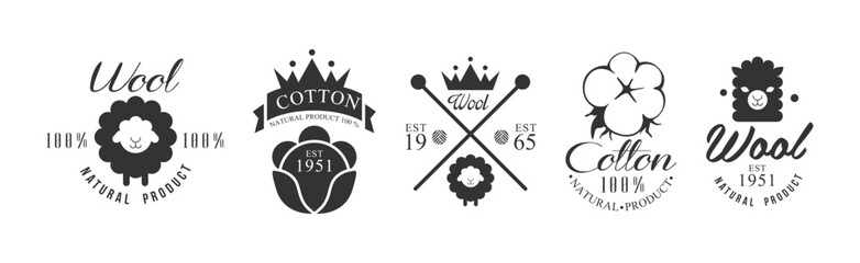 Cotton and Wool Black Label and Emblem Vector Set - obrazy, fototapety, plakaty