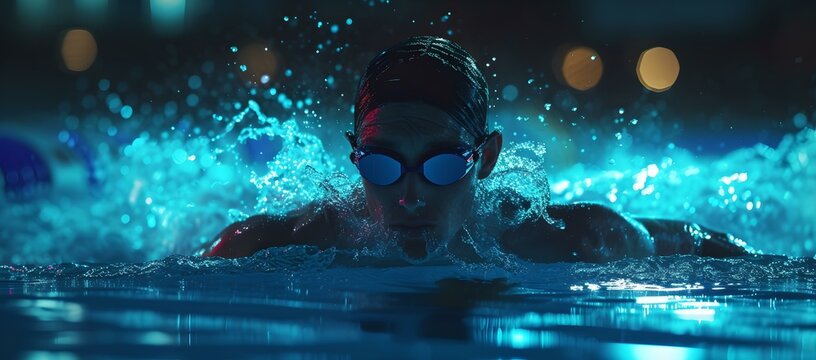 Professional Swimmer Dominates The Pool At Night. Intense Training Session In Cool Blue Waters. Captivating Action Shot Of Athletic Endeavor. AI