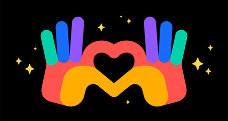 Hand sign Heart Love. Colorful Heart Love hands symbol gesture. Hands making sign shape heart by fingers. Greeting post card, poster, banner. Love emoji concept Valentine day. Vector Illustration