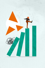 Vertical collage picture of funky gentleman investor man standing on risky platforms that falling...