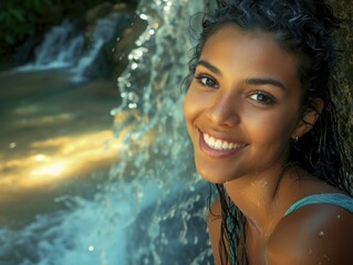 Beauty woman in the waterfall smile tropical forest highly detailed digital photography  