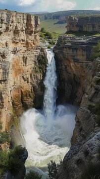 Panoramic view of a waterfall from a high vantage point, background image, generative AI