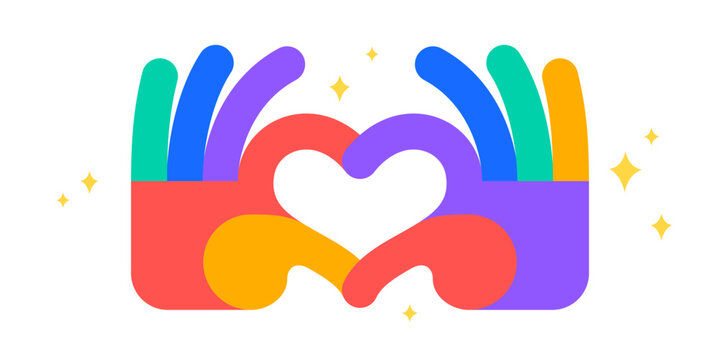 Hand sign Heart Love. Colorful Heart Love hands symbol gesture. Hands making sign shape heart by fingers. Greeting post card, poster, banner. Love emoji concept Valentine day. Vector Illustration