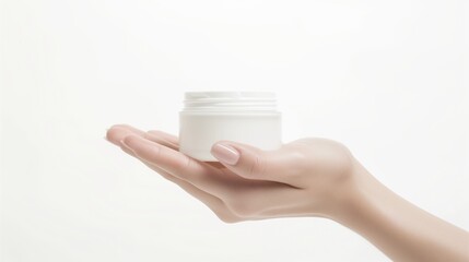 AI generated illustration of a hand holding a white cosmetic jar against a clean background
