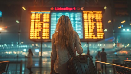 Young Woman at International Airport - Checking Flight Details