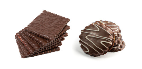 Biscuit Coated in Dark Chocolate Isolated, Square Cookies, Rectangular Shortbread, Crunchy Digestive Cookie