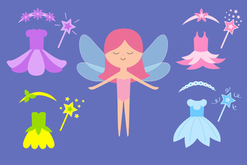 Fairy little princess with wings. Paper doll with different flower dress set. Hair decoration, magic wand. Cute cartoon kawaii funny magic character. Flat design. Violet background. Isolated. © worldofvector