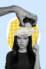 Collage art picture of aggressive young funny woman point finger up strict talking to you...