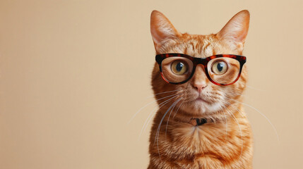 A Curious Ginger Cat Donning Stylish Glasses on a Beige Backdrop