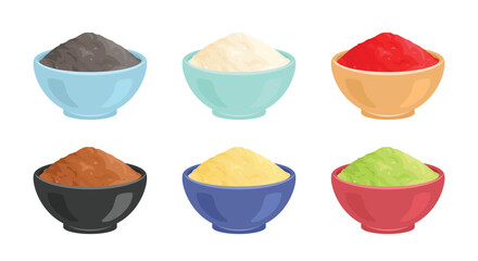 Powders of different colors in bowls. Set of various spices. Vector cartoon flat illustration.