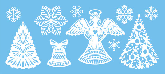 Christmas decorations template for laser cutting. Vector illustration of angel, Christmas tree and snowflakes. Festive decoration set.