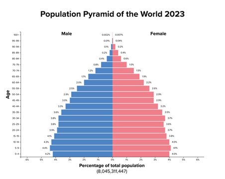 Population pyramid of the World 2023. Age structure diagram, and graphical illustration of the distribution of over 8 billion people divided into females and males, quoted in percent and 4-year steps.