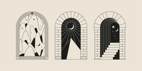 Boho frame arch vector illustration modern minimalistic retro aesthetic linear arc portal logo bohemian design element mystical geometric abstract border