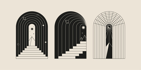 Boho frame arch vector illustration modern minimalistic retro aesthetic linear arc portal logo bohemian design element mystical geometric abstract border