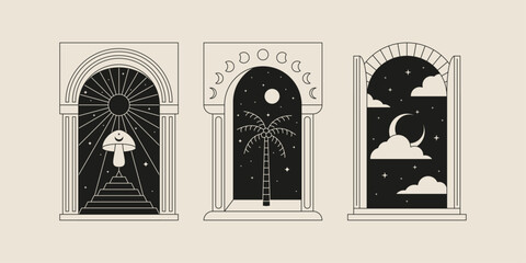 Boho frame arch vector illustration modern minimalistic retro aesthetic linear arc portal logo bohemian design element mystical geometric abstract border