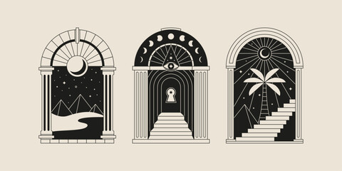 Boho frame arch vector illustration modern minimalistic retro aesthetic linear arc portal logo bohemian design element mystical geometric abstract border