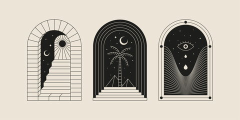 Boho frame arch vector illustration modern minimalistic retro aesthetic linear arc portal logo bohemian design element mystical geometric abstract border