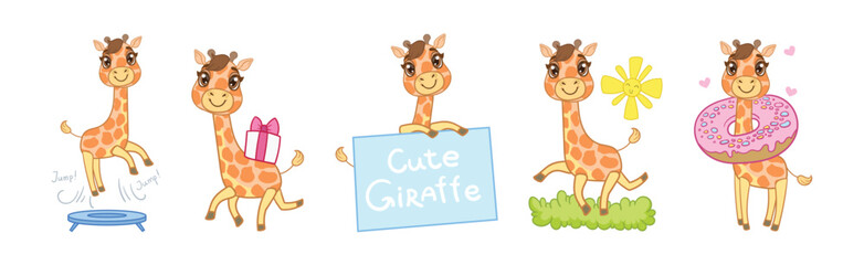 Cute Little Giraffe with Long Neck in Different Activity Vector Set