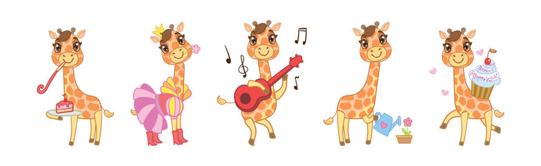 Cute Little Giraffe with Long Neck in Different Activity Vector Set