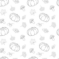 Hand drawn vector monochrome seamless pattern with pumpkin, berries and fly agaric. Outline fall backdrop.